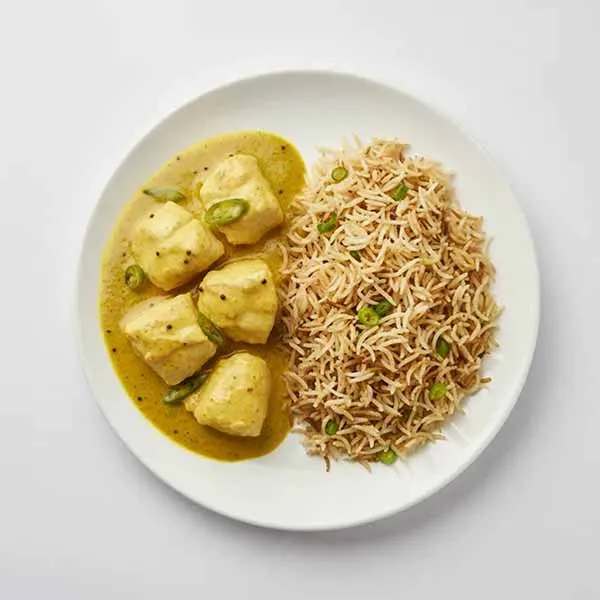 Bengali Doi Maach with Hare Pyaz Zeera Pulao